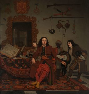 Thomas Hees och hans tjänare Thomas och syskonbarnen Jan och Andries Hees Porträtt av Thomas Hees (f. 1634/35), bosatt och kommissarie för delstaternas general till regeringarna i Alger, Tunis och Tripoli, med sina syskonbarn Jan (f. 1670/71) och Andries (