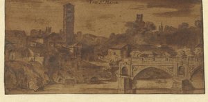 Utsikt över S. Maria i Cosmedin, Vesta-templet och Ponte S. Maria i Rom av Michiel van Overbeek