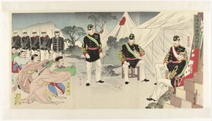 Kinesiska generaler tillfångatogs levande i Pyongyangs seger Heijô daishô Shinshô seiho no zu (titel på objekt) av Migita Toshihide