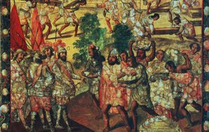 Detalj av Hernan Cortes (1485-1547) som går in i Cempoal och tar emot hövding Gordo (Quauhtlaebana) som ger kött och presenter till alla spanjorer
