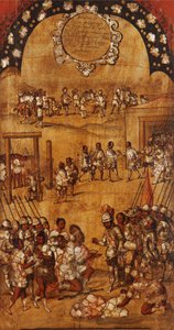 Erövringen av Mexiko, panel III, ca 1696-1715 (måla på trä) av Miguel Gonzalez