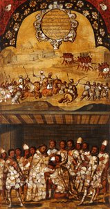 Erövringen av Mexiko, Panel XIX, ca 1696-1715 (måla på trä) av Miguel Gonzalez