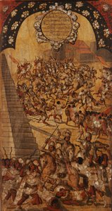 Erövringen av Mexiko, Panel XVI, c.1696-1715 (måla på trä) av Miguel Gonzalez