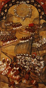 Erövringen av Mexiko, panel XXII, ca 1696-1715 (måla på trä) av Miguel Gonzalez