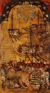 Erövringen av Mexiko, panel XXIV, ca 1696-1715 (måla på trä) av Miguel Gonzalez