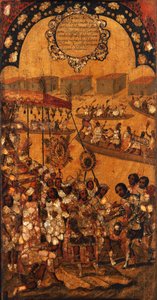 The Conquest of Mexico, Panel X, ca 1696-1715 (måla på trä) av Miguel Gonzalez