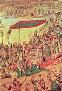 Välkomsten av Montezuma (1466-1520) detalj från en målning som föreställer 