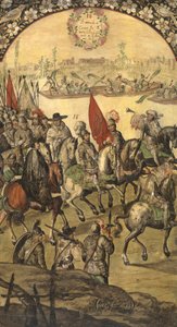 Hernan (ou Hernando) Cortes ou Fernand Cortez (1485-1547) et sa suite arrivent au tenochtitlan (mexique) - Erövringen av Mexiko av Hernan Cortes par Gonzalez, Miguel och Juan (aktiv Slutet av 1600-talet). Olja på trä, storlek: 97x53