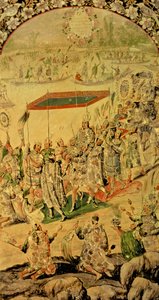 En av ett par paneler som visar mötet mellan Hernando Cortes (1485-1547) och Montezuma (1466-1520): Montezuma och hans anhängare, 1698