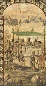 Beordrar förstörelsen av skeppen och möter ambassadörerna från Montezuma (Moctezuma, Moteuczoma, Motecuhzoma) (1466-1520) 1520 - Erövringen av Mexiko av Hernan Cortes par Gonzalez, Miguel och Juan (aktivt slutet av 1600-talet). Olja på trä, storlek: