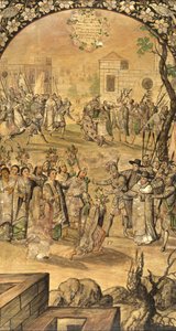 Erövringen av Mexiko av Hernan Cortes par Gonzalez, Miguel och Juan (aktiv Slutet av 1600-talet). Olja på trä, storlek: 97x53