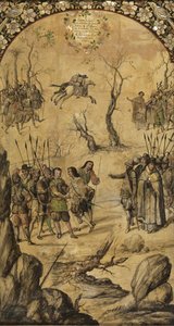 Erövringen av Mexiko av Hernan Cortes par Gonzalez, Miguel och Juan (aktiv Slutet av 1600-talet). Olja på trä, storlek: 97x53