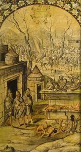 Erövringen av Mexiko av Hernan Cortes par Gonzalez, Miguel och Juan (aktiv Slutet av 1600-talet). Olja på trä, storlek: 97x53