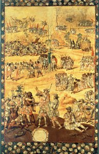 Mötet mellan Hernando Cortes (1485-1547) och Montezuma (1466-1520), panel från erövringen av Mexiko