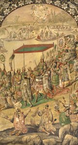 The Welcome of Montezuma (Moctezuma, Moteuczoma, Motecuhzoma)(1466-1520) - Erövringen av Mexiko av Hernan Cortes par Gonzalez, Miguel och Juan (aktiv Slutet av 1600-talet). Olja på trä, storlek: 97x53 av Miguel and Juan Gonzalez