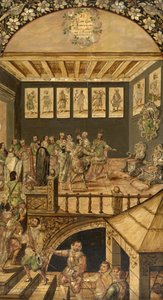 besöket av Hernando Cortes (1485-1547) i Montezuma (Moctezuma, Moteuczoma, Motecuhzoma) (1466-1520) 1520 - Erövringen av Mexiko av Hernan Cortes par Gonzalez, Miguel och Juan (aktivt i slutet av 1600-talet). Olja på trä, storlek: 97x53