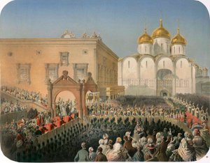 Procession av tsarina Alexandra Feodorovna till katedralen i Dormition, Moskva, 1856