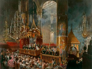 Krönandet av tsarina Maria Alexandrovna av Ryssland, Moskva, 1856. av Mihaly von Zichy