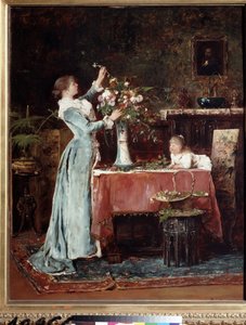 ""La composite du bouquet"" (Komponera en bukett) En medelklasskvinna (ungersk?) som förbereder en bukett blommor, hennes dotter tittar på henne. Målning av Mihaly Munkacsy (1844-1900) circa 1880 Pushkin Museum, Moskva av Mihály Munkácsy