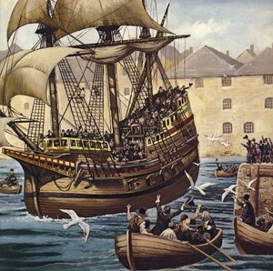 Mot väst - Ho! Mayflower lämnar Plymouth Ho den 16 september 1620 (färglitografi)