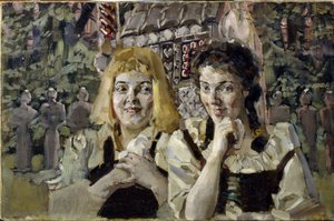 Hansel och Gretel (Hansel and Gretel). Porträtt av de två barnen ur sagan av bröderna Jacob (1785-1863) och Wilhelm (1786-1859) Grimm, med giriga ögon framför godishuset. Målning av Mikhail Alexandrovich Vrubel (Vrubel) (1856-1910), olja på av Mikhail Aleksandrovich Vrubel