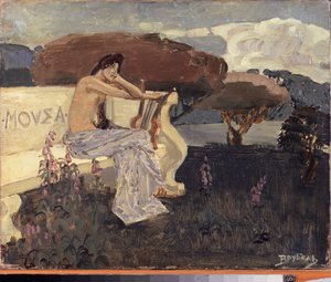 Muse, projekt för en teatergardin (Muse - Design for a Theatre Curtain) - Målning av Mikhail Alexandrovich Vrubel (Vrubel) (1856-1910), olja på duk, cirka 1890 - Rysk scenkonst av Mikhail Aleksandrovich Vrubel