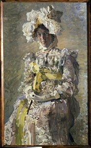 Porträtt av Nadezhda Zabela Vrubel i en Empire-klänning. (Konstnärens fru). Målning av Mikhail Alexandrovich Vrubel (Vrubel) (1856-1910), olja på duk av Mikhail Aleksandrovich Vrubel