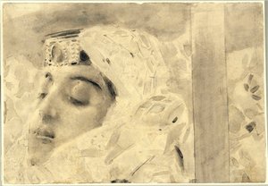 Tamara i en kista - Illustration från dikten ""The Demon"" av Mikhail Lermontov (1814-1841) - Konstverk av Mikhail Alexandrovich Vrubel (Vrubel) (1856-1910) av Mikhail Aleksandrovich Vrubel