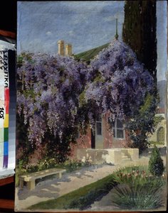 Ett hus sammanflätat med blåregn. Målning av Mikhail Alexandrovich Alisov (1859-1933). Olja på duk, 62,3 x 44,4 cm. Ryska skolan tidigt 1900-tal. Museum of Architecture and Art, Alupka, Ukraina. ©FineArtImage/Leemage av Mikhail Alexandrovich Alisov