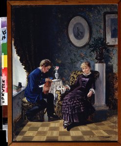 Början (The Debut). I ett vardagsrum, head to head mellan en blyg ung man, som håller i en bok och en leende ung flicka, möter en kärleksförklaring. Målning av Mikhail Georgievich Malyshev (1852-1914), olja på duk av Mikhail Georgievich Malyshev
