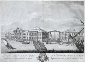 Utsikt över det andra vinterpalatset med kanalen som förbinder Moika med Neva, 1753 av Mikhail Ivanovich Makhaev
