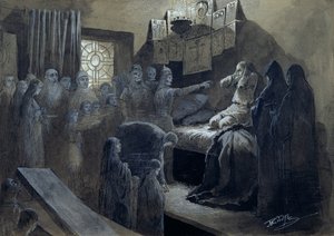 Ivan IV (1530-84) den frygtelige besøgt af spøgelserne fra dem han myrdede (pen og blæk med kropsfarve på papir)