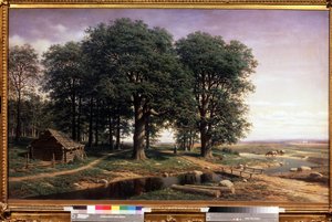 En Chesnaie. (En eklund). Landskap med höga ekar och en träkoja, nära en flod som slingrar sig mot horisonten, med figurer och kor som dricker vatten. Målning av Mikhail Konstantinovich Klodt baron von Jurgensburg (Micha av Mikhail Konstantinovitch Clodt von Jurgensburg