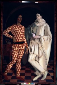 Harlequin and Pierrot (Självporträtt, i kostymer från Comedia dell Arte) - Harlequin and Pierrot (Självporträtt) - Målning av Alexander Yevgenyevich Yakovlev (Alexandre Iacovleff) (1887-1938), olja på duk