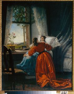 Besöket hos de sjuka (Visiting the Sick) en kvinna stoppar in en liten flicka i ett säte, installerat nära fönstret - Målning av Mikhail Petrovich, Baron Klodt (1835-1914), olja på koppar av Mikhail Petrovich Klodt