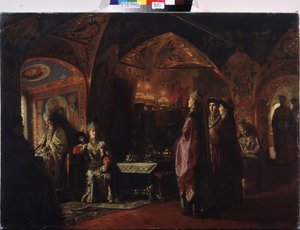 Tsarinas boning (Tsarevnas boning). Komposition på temat gamla Ryssland, traditionell dräkt och dekoration av furstendömet Moskva. Målning av baron Mikhail Petrovich Klodt (1835-1914), olja på duk av Mikhail Petrovich Klodt