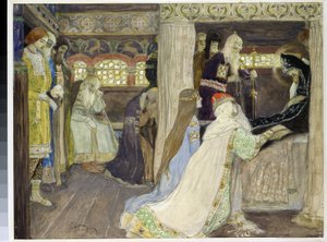 Storhertig Alexander Nevskijs död (1220-1263). (Den storhertig Alexander Nevskijs död). Verk av Mikhail Vasilyevich Nesterov (1862-1942), akvarell och gouache på papper av Mikhail Vasilievich Nesterov