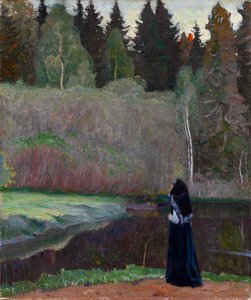 ""Le chant du rossignol"" (Näktergalen sjunger) En nunna som lyssnar på fågelsång - Målning av Mikhail Vasilyevich Nesterov (1862-1942) 1918 Dim 81x68,5 cm Privat samling av Mikhail Vasilievich Nesterov