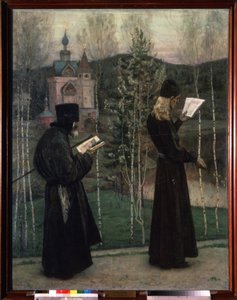 Klockorna ringer (Ringing the Bells). Två munkar som läser medan de går är på väg mot en kyrka i bakgrunden. Målning av Mikhail Vasilyevich Nesterov (1862-1942), olja på duk av Mikhail Vasilievich Nesterov