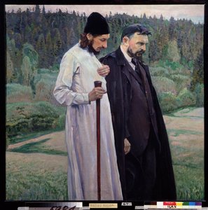 Filosoferna. Sergei Boulgakov (1871-1944) och Pavel (Paul) Florensky (1882-1943). (Filosoferna. Sergei Bulgakov och Pavel Florensky). Målning av Mikhail Vasilyevich Nesterov (1862-1942), olja på duk