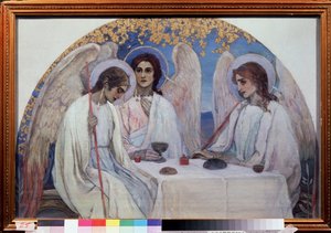 Abrahams gästfrihet. Gamla testamentets treenighet. Representation av de tre änglarna som visade sig för Abraham nära Chene de Mambre. (Abrahams gästfrihet (Gamla testamentets treenighet). Målning av Mikhail Vasilyevich Nesterov (1862-1942), olja på duk.