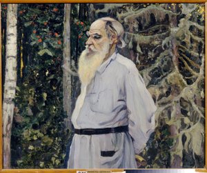 Porträtt av författaren Leon N. Tolstoy (1828-1910) (Porträtt av författaren Leo N. Tolstoy). Målning av Mikhail Vasilyevich Nesterov (1862-1942), olja på duk av Mikhail Vasilievich Nesterov