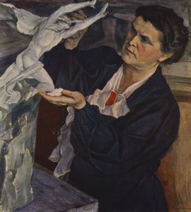 Porträtt av sovjetisk skulptör med ett annat ansikte (med färg) av Mikhail Vasilievich Nesterov