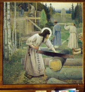Serge de Radonege (1313-1392) - Sankt Sergius arbete (Triptyk, mitten) - Peinture de Mikhail Vasilyevich Nesterov (1862-1942) (symbolism) Tretyakov-galleriet, Moskva av Mikhail Vasilievich Nesterov