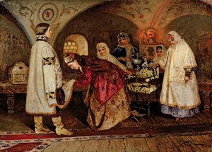Tsar Alexei Mikhailovich (1629-76) möter sin brud, Maria Miloslavasky, 1887 av Mikhail Vasilievich Nesterov