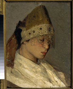 En tjej som bär en Kokochnik (A Girl With Kokoshnik). Traditionell hög huvudbonad av ryska kvinnor, bunden på baksidan med band, framsidan är dekorerad med pärlor och broderier. Målning av Mikhail Vasilyevich Nesterov (1862-1942), olja på trä