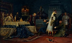 Faller sot. Boyar Druzhina Andreevich Morozov före Ivan den förskräcklige, 1885 av Mikhail Vasilievich Nesterov