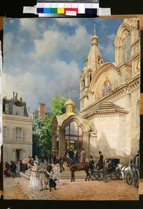 Människor som lämnar en ortodox kyrka - Konstverk av Mikhail Yakovlevich Villie (1838-1910) av Mikhail Yakovlevich Villie
