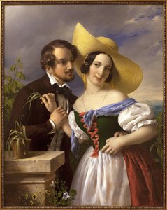 Kärleksskämtet Scen av förförelse och flirt. Målning av Miklos Barabas (1810-1898), olja på duk