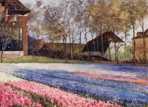 En holländsk trädgård på våren (färg litho) av Mima Nixon